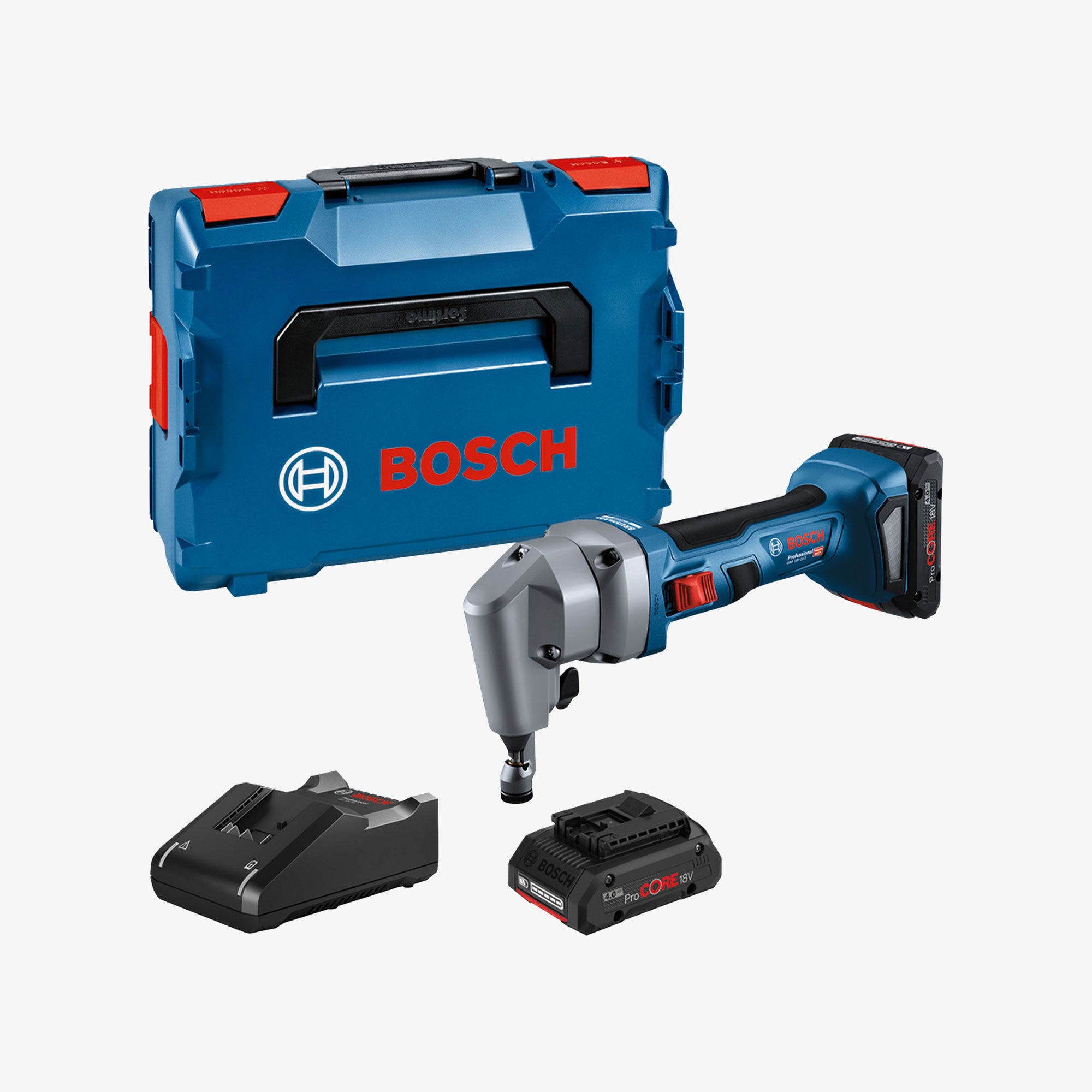 BOSCH 0601529600 GNA 18V-16 E Akku-Blechschneider in L-BOXX 136 mit 2 x ProCORE18V 4,0Ah Lithium-Ionen-Akkus, mit Zubehörset