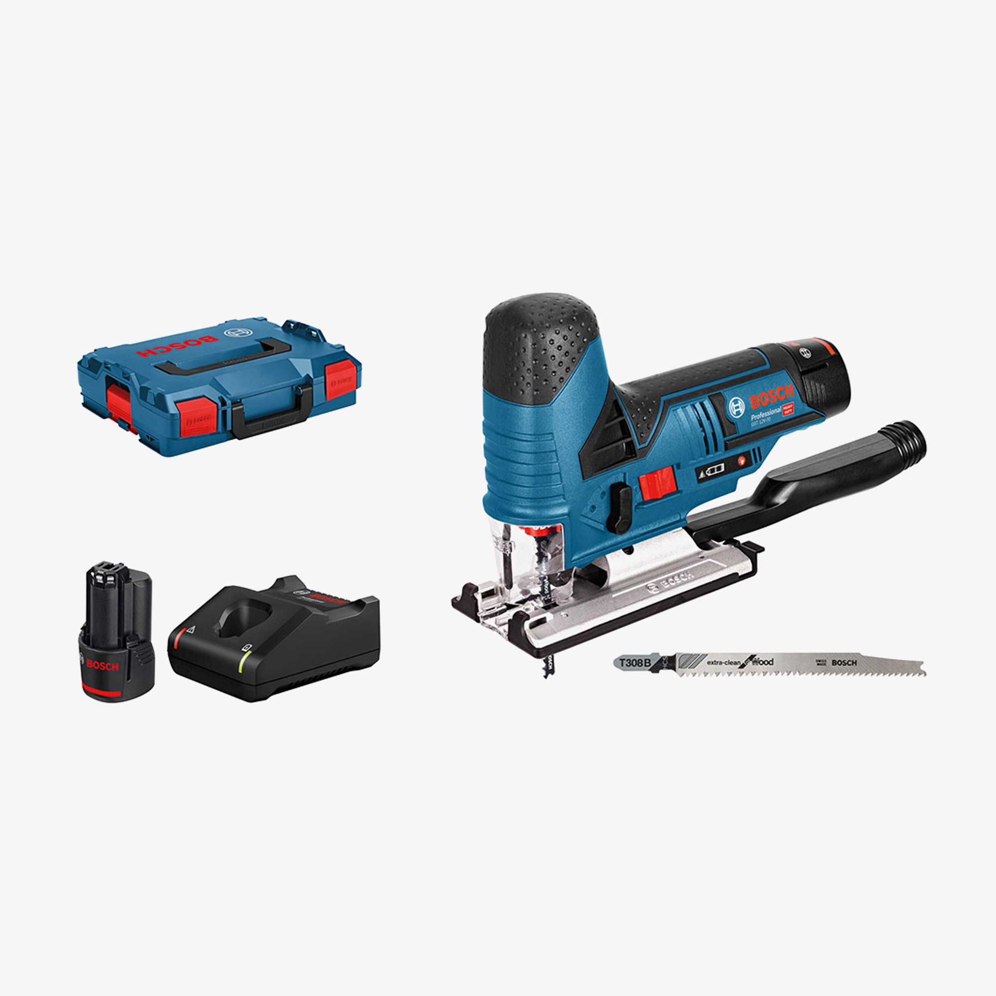 BOSCH 06015A1005 GST 12V-70 Akku-Stichsäge in L-BOXX 102 mit 2 x 3,0 Ah Akkus, Staubsaugeraufsatz