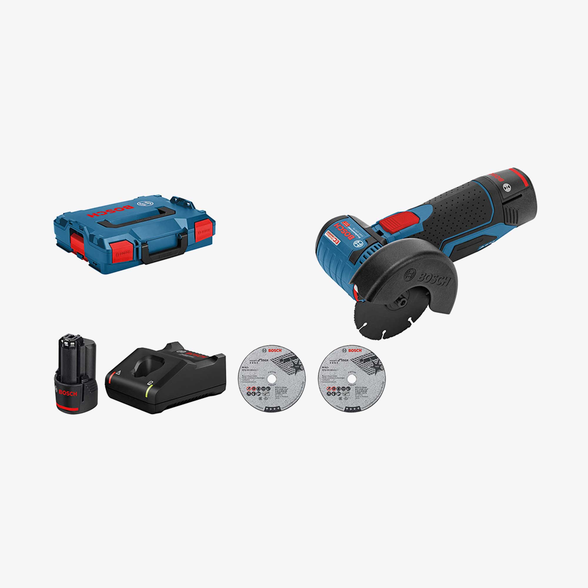 BOSCH 06019F200B GWS 12V-76 Akumulatorska kutna brusilica u L-BOXX-u 102 s 2 x 3,0 Ah akumulatora, reznom-brusnom pločom